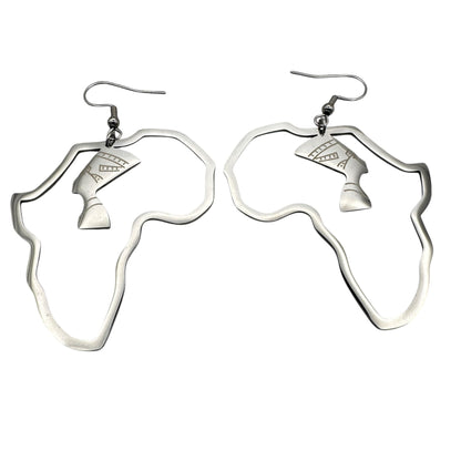 Medium Africa Map Shaped Queen Nefertiti Dangle Statement Earrings (Gold or Silver) - Fatisha Boutique