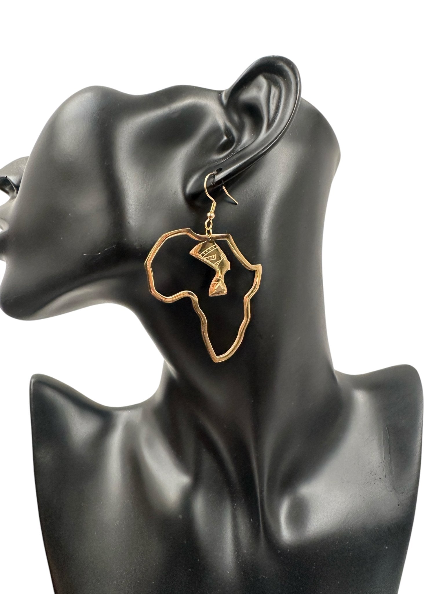 Medium Africa Map Shaped Queen Nefertiti Dangle Statement Earrings (Gold or Silver) - Fatisha Boutique