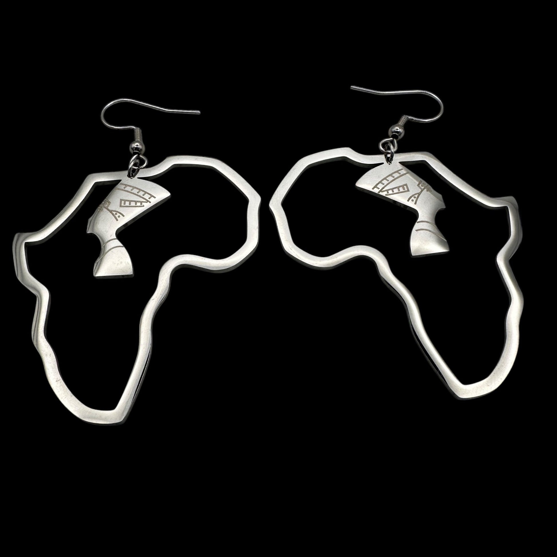 Medium Africa Map Shaped Queen Nefertiti Dangle Statement Earrings (Gold or Silver) - Fatisha Boutique