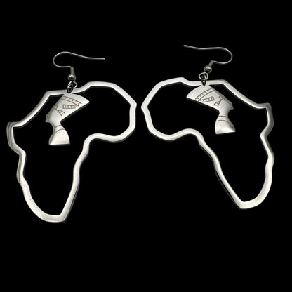 Medium Africa Map Shaped Queen Nefertiti Dangle Statement Earrings (Gold or Silver) - Fatisha Boutique