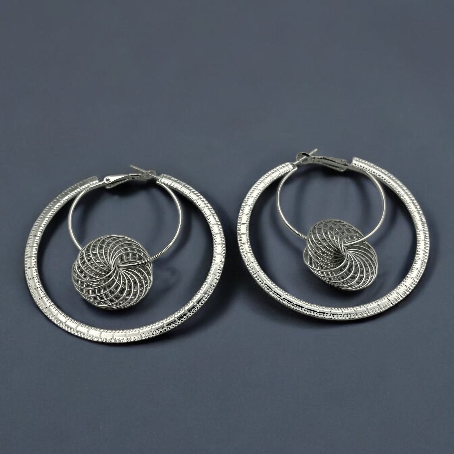 Modern Spiral Elegant Geometric Hoop Earrings with Textured Centerpiece - Fatisha Boutique