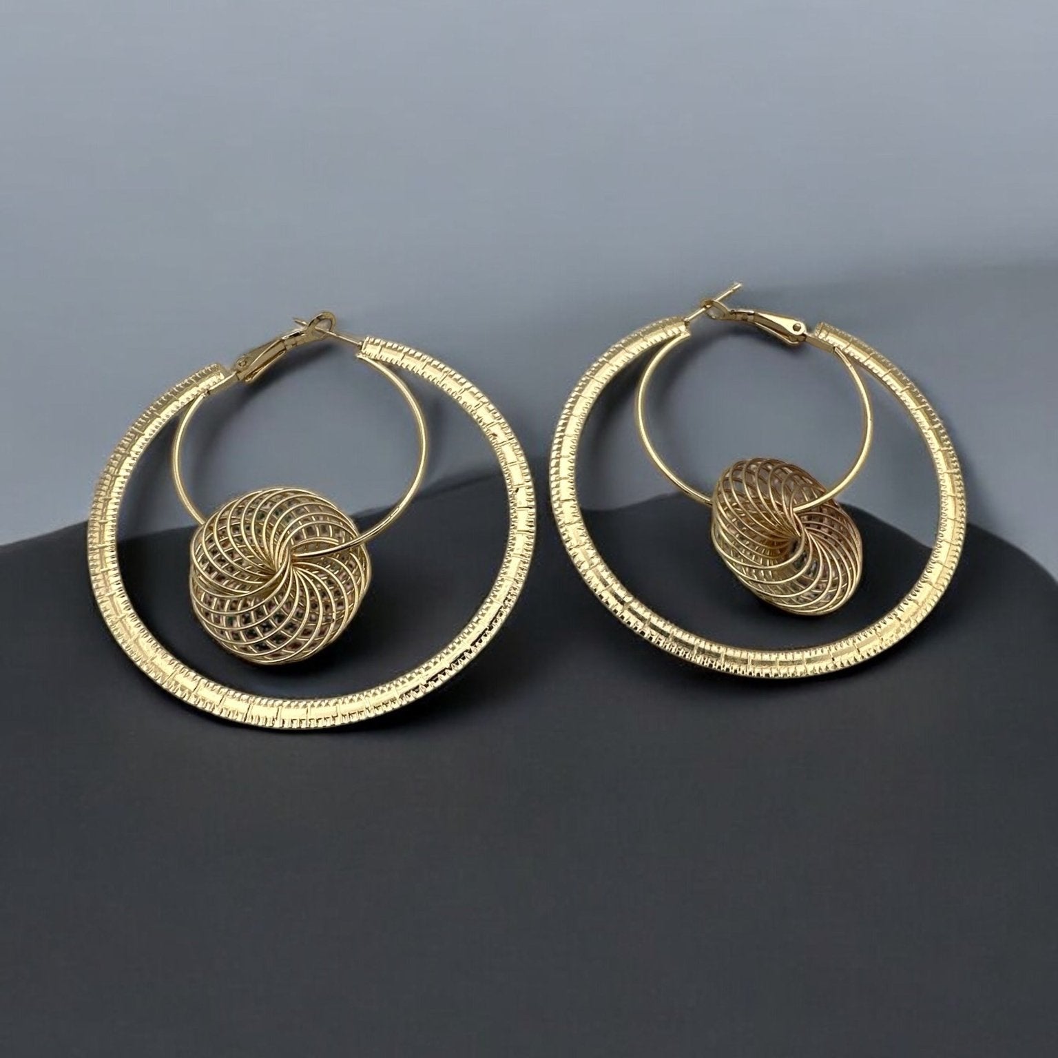 Modern Spiral Elegant Geometric Hoop Earrings with Textured Centerpiece - Fatisha Boutique