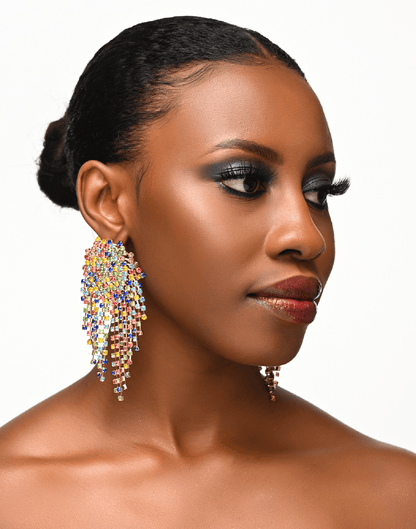 Multicolour Glamorous Diamante Rhinestone Crystal Cascade Tassel Statement Drop Earrings - Fatisha Boutique