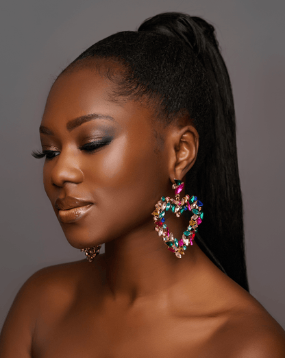 Multicolour Heart Shaped Design Rhinestones Statement Dangle Earrings - Fatisha Boutique