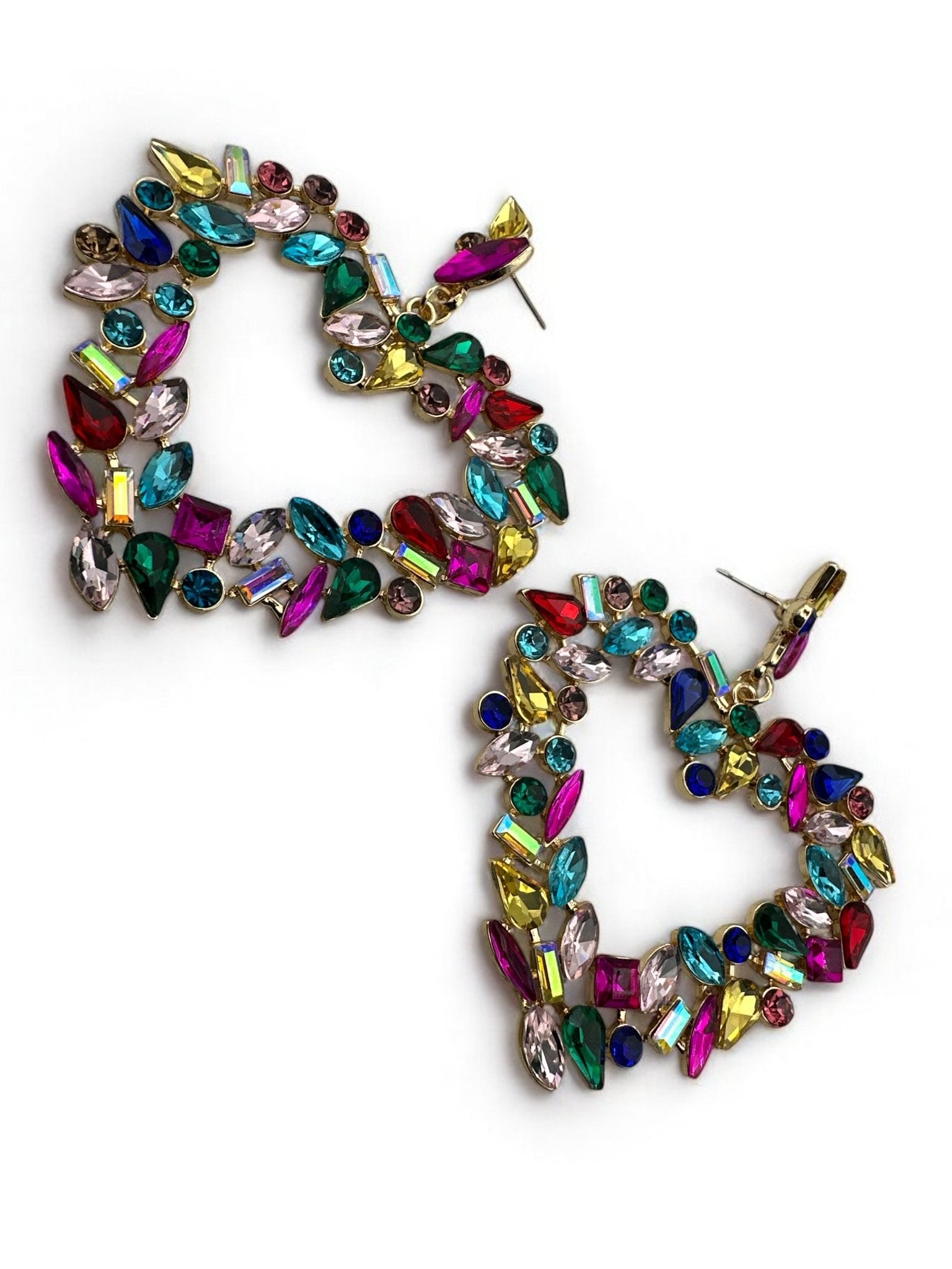 Multicolour Heart Shaped Design Rhinestones Statement Dangle Earrings - Fatisha Boutique