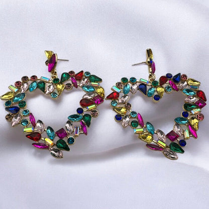 Multicolour Heart Shaped Design Rhinestones Statement Dangle Earrings - Fatisha Boutique