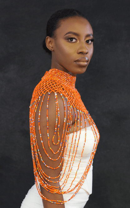 Orange Authentic Maasai Zulu Ethnic Beaded Collar Shoulder Body Jewellery - Fatisha Boutique