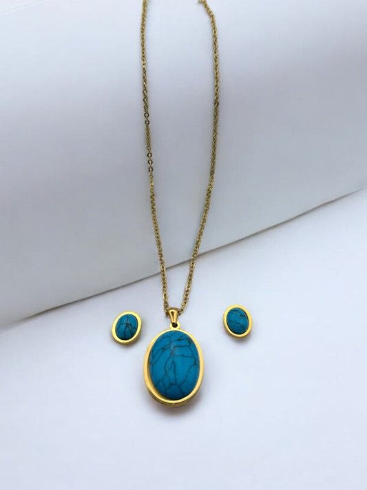 Oval Pendant Necklace & Earrings Stainless Steel Turquoise Jewellery Set - Fatisha Boutique