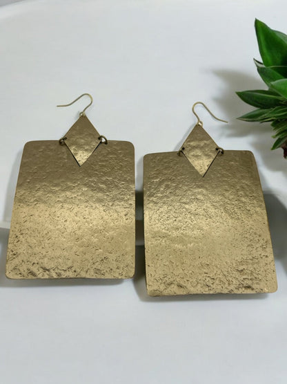 Oversized Rectangle Brass Statement Dangle Earrings - Bold Geometric Fashion Jewellery - Fatisha Boutique