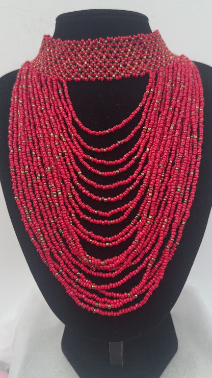 Authentic African Red Beaded Ethnic Choker Necklace
