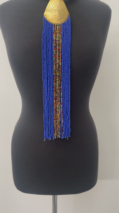 Long African Authentic Engraved Brass Blue Beaded Fringe Pendant Necklace