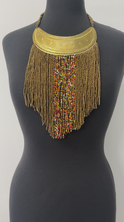 Authentic African Gold Beaded Ethnic Tassels Fringe Brass Pendant Necklace