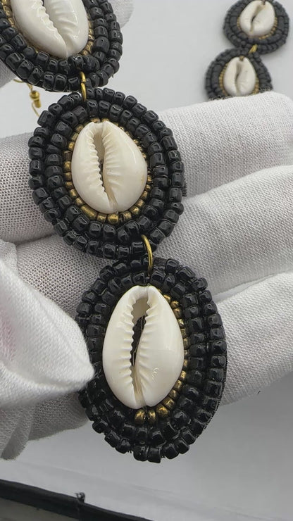 Handmade Long Cowrie Shell Beaded Earrings - Statement Dangle Earrings with Black Beads