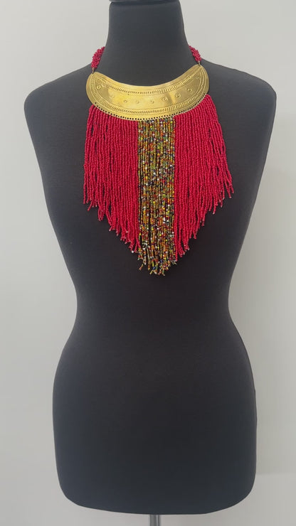Authentic African Red Beaded Ethnic Tassels Fringe Brass Pendant Necklace