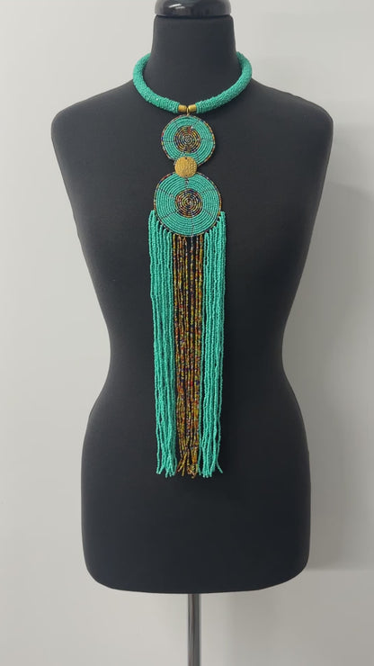Authentic African Turquoise  Beaded Long Fringes Pendant Necklaces