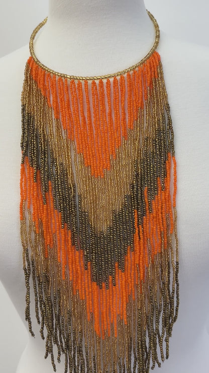 African Authentic Long Orange Beaded Fringe Tassels Necklace Pendant