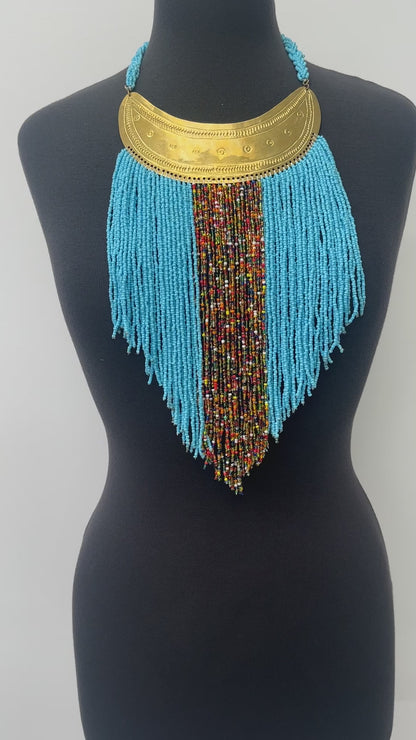 Authentic African Blue Beaded Ethnic Tassels Fringe Brass Pendant Necklace