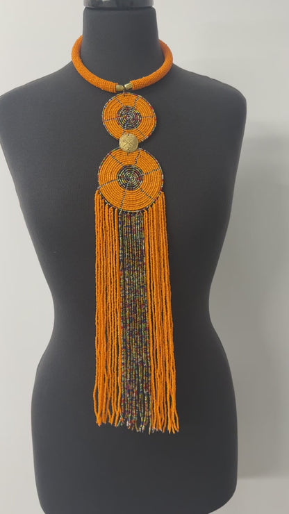 Authentic African Orange Beaded Long Fringes Pendant Necklaces