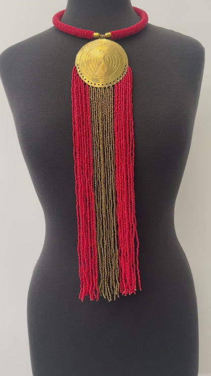 African Authentic Engraved Brass Long Red Beaded Fringe Pendant Necklace