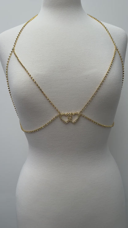 Double Heart Rhinestone Bra Body Chain – Gold or Silver Festival Jewellery for Women