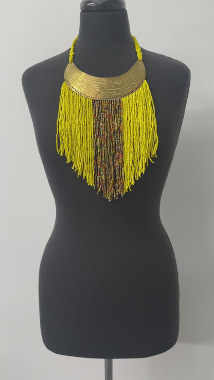 Authentic African Yellow Beaded Ethnic Tassels Fringe Brass Pendant Necklace