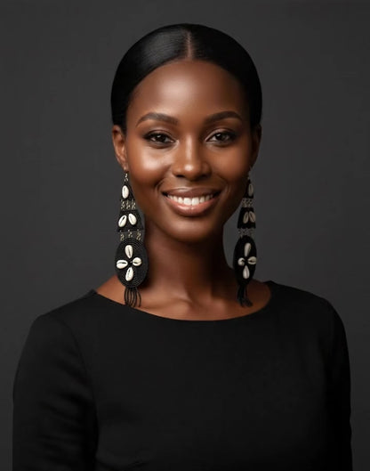 Handmade Black Beaded Cowrie Shell Earrings – Long African Statement Jewellery