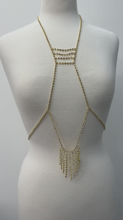 Rhinestone Body Chain Harness – Gold & Silver Festival Statement Jewellery with Fringe Detail