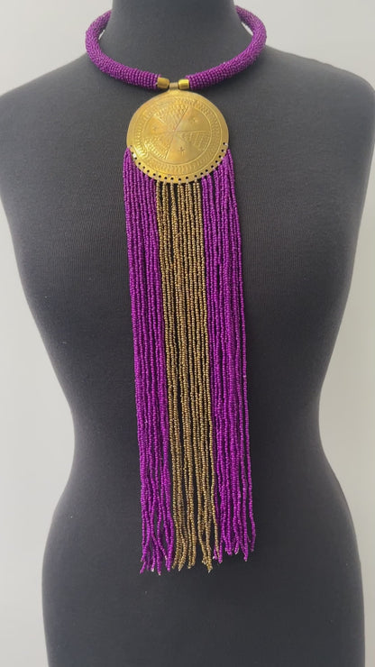 African Authentic Engraved Brass Long Purple Beaded Fringe Pendant Necklace