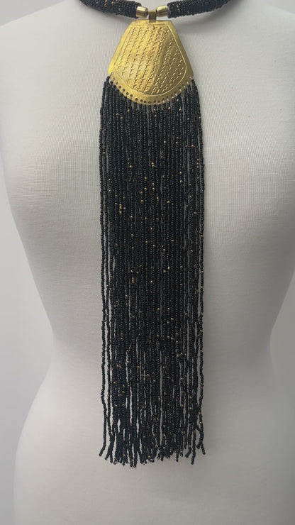 Long Authentic African Engraved Brass Black Beaded Fringe Pendant Necklace