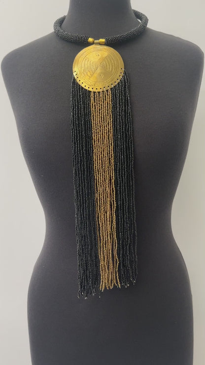 African Authentic Engraved Brass Long Black Beaded Fringe Pendant Necklace