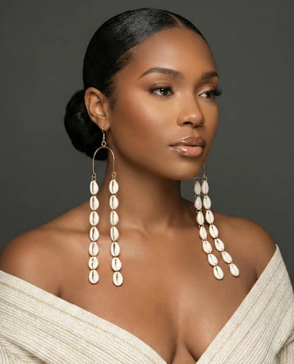 Extra Long Cowrie Shell Drop Earrings – Gold & White African Statement Jewellery