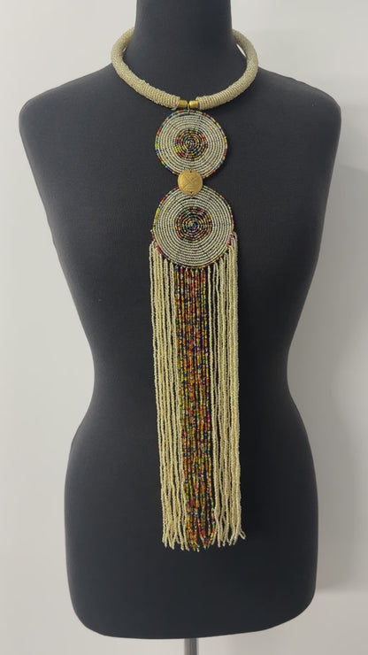 Authentic African Beige Beaded Long Fringe Pendant Necklace – Handmade Maasai Statement Jewellery