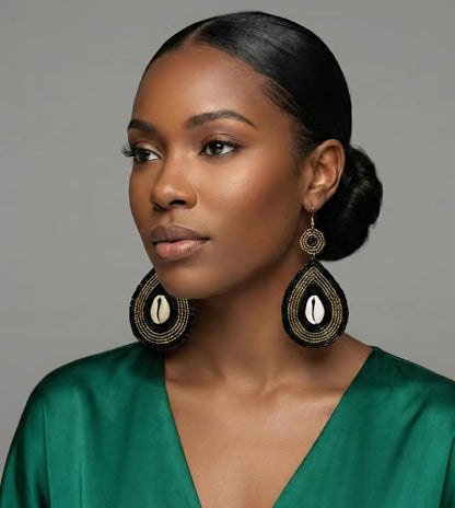 Black & Gold Cowrie Shell Beaded Drop Earrings – Handmade African Statement