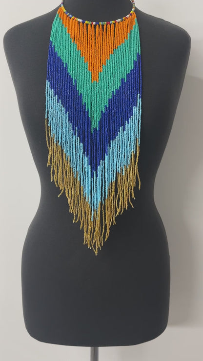 African Authentic Long Multi Beaded Fringe Tassels Necklace Pendant