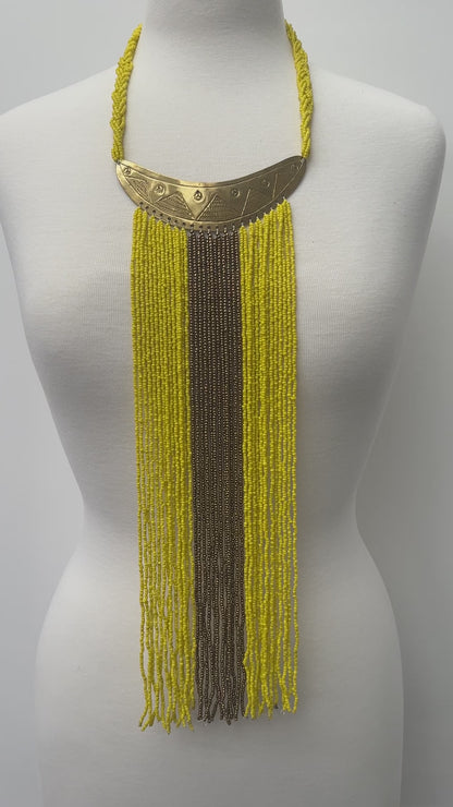 Authentic African Yellow Beaded Long Fringes Brass Necklaces