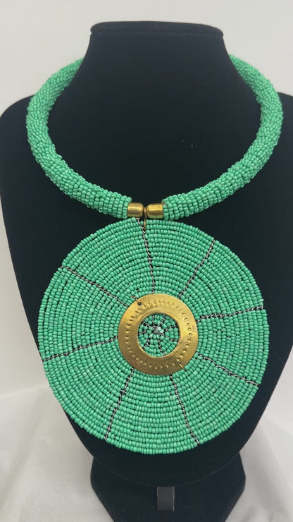 Authentic African Turquoise Beaded Large Disc Pendant Necklace