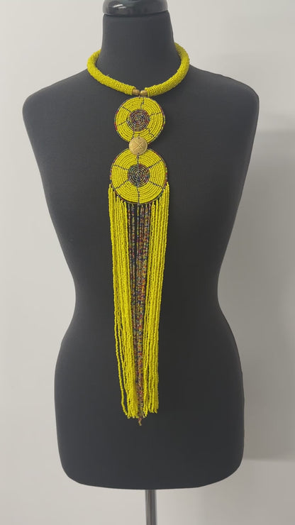 Authentic African Yellow Beaded Long Fringe Pendant Necklace – Handmade Maasai Statement Jewellery
