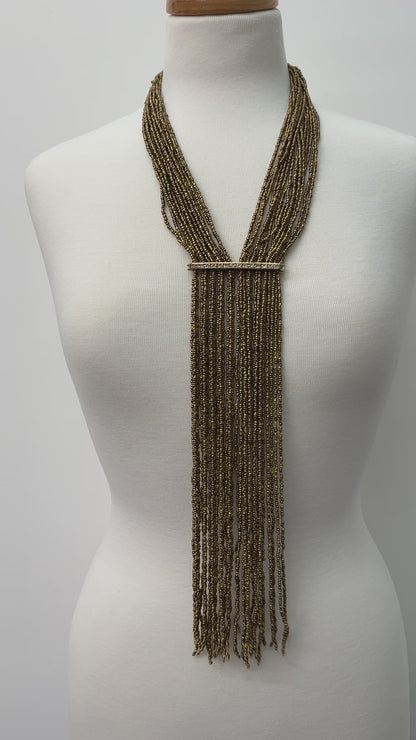 Handmade Gold Multi-Strand Beaded Necklace - Elegant Boho Fringe Necklace
