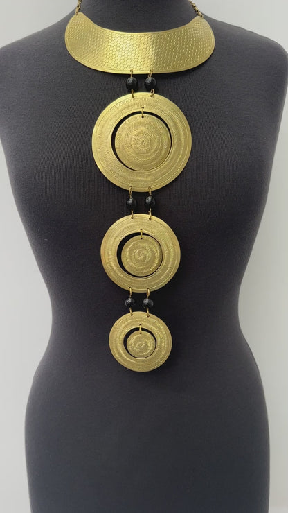 Unique Authentic African Craftsmanship Engraved Brass Statement Pendant Necklace
