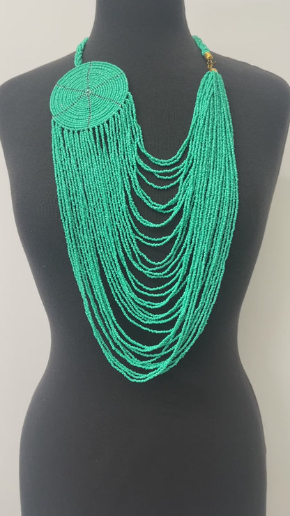 Authentic African Multilayer Turquoise  Beaded Large Disc Pendant Necklace
