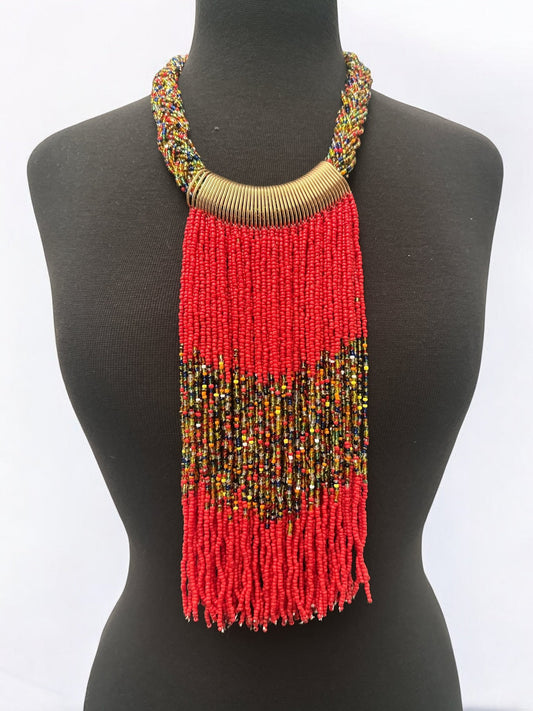 Red African Beaded Necklace – Handmade Fringe Tribal Jewellery - Fatisha Boutique