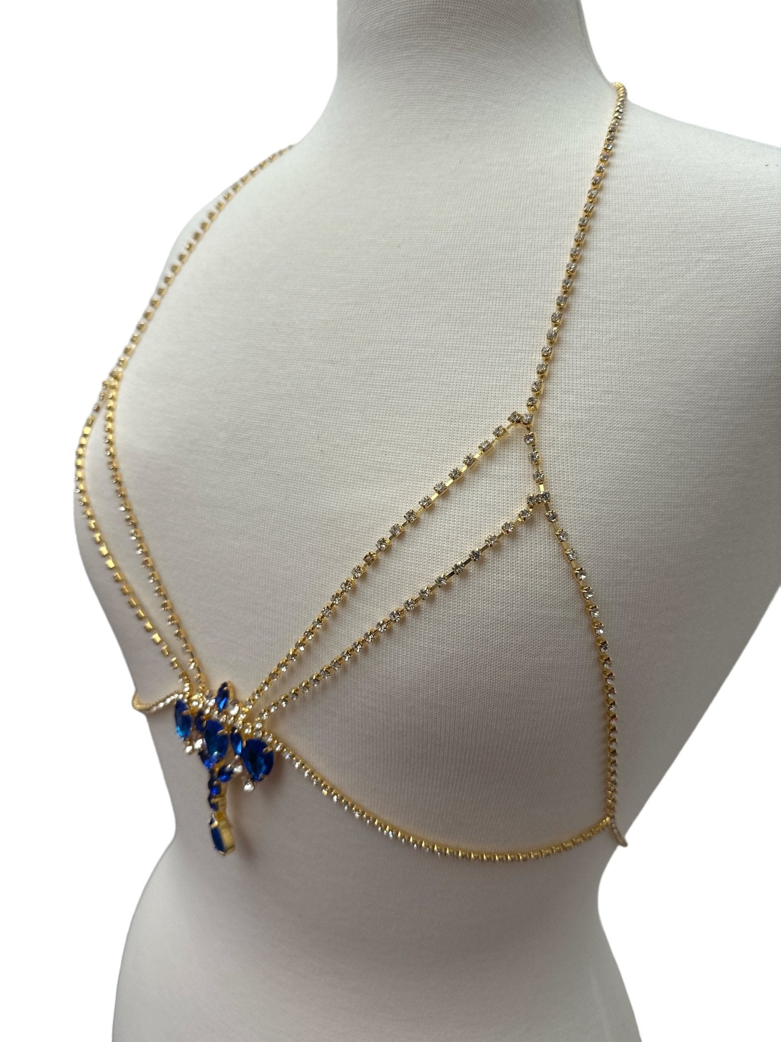 Rhinestone Blue Centred Tassel Bralette Body Chain Statement Jewellery - Fatisha Boutique