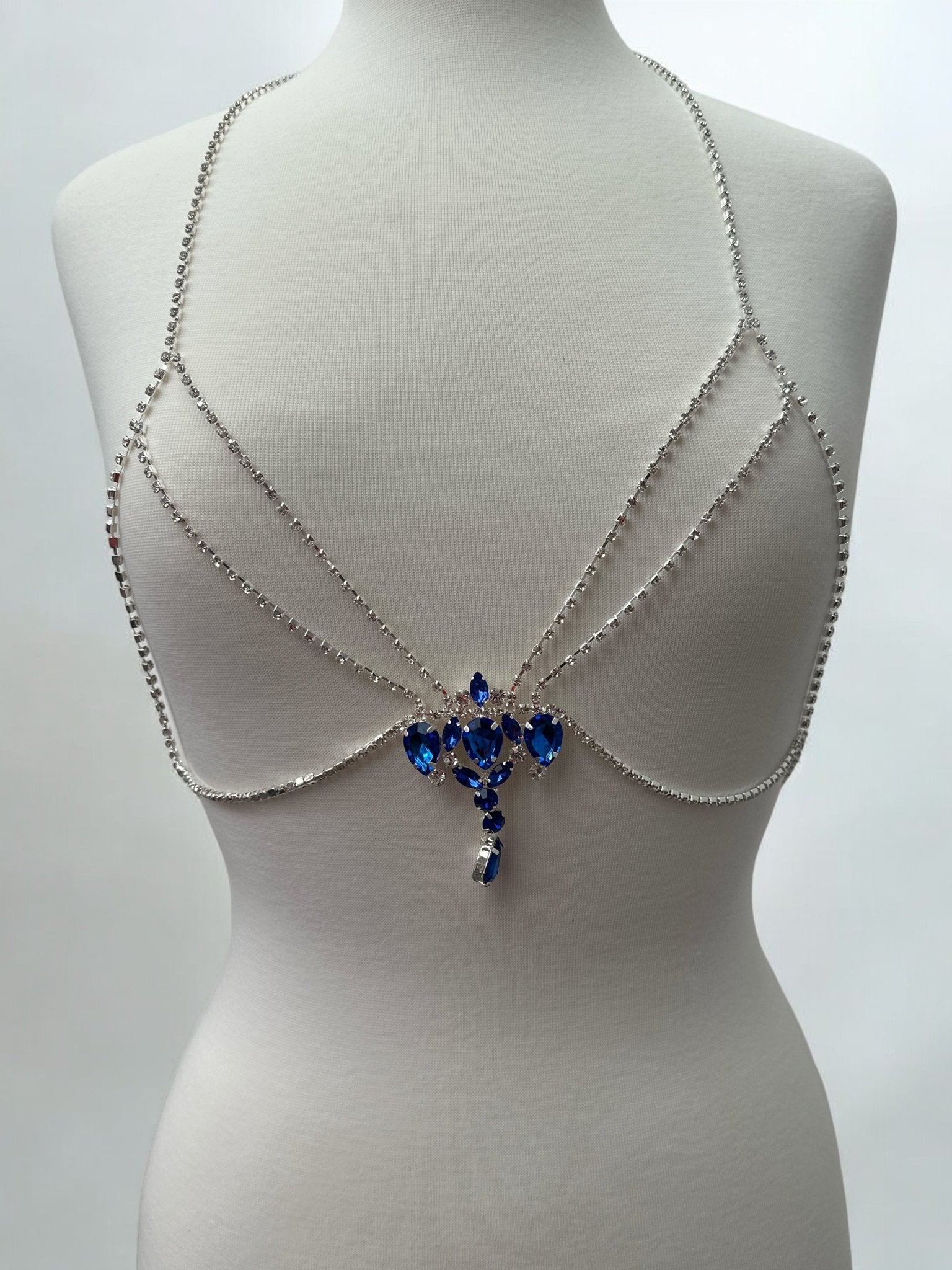 Rhinestone Blue Centred Tassel Bralette Body Chain Statement Jewellery - Fatisha Boutique