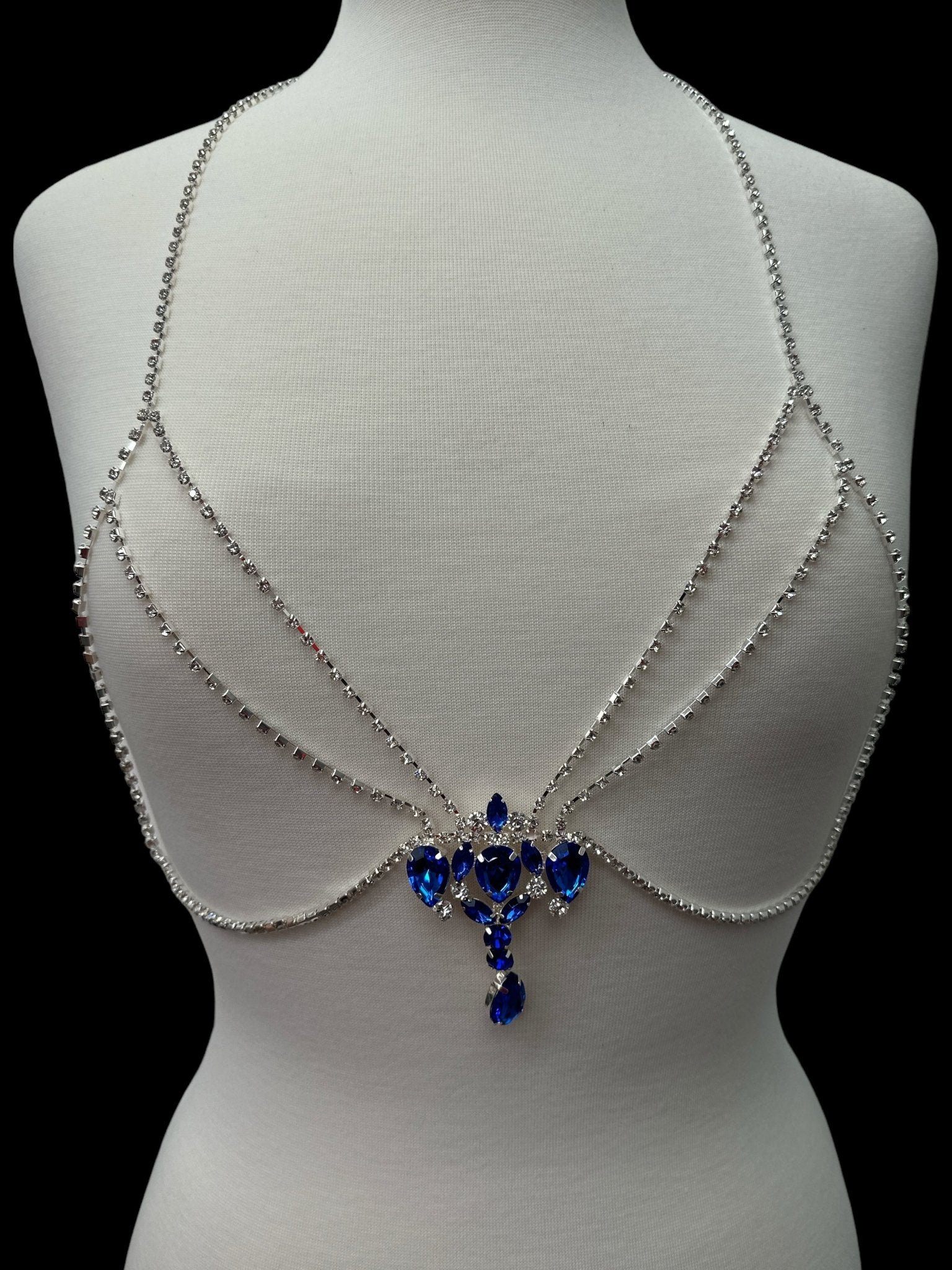 Rhinestone Blue Centred Tassel Bralette Body Chain Statement Jewellery - Fatisha Boutique