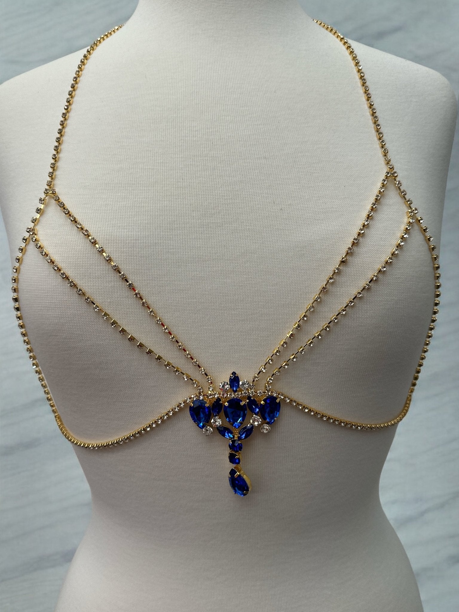 Rhinestone Blue Centred Tassel Bralette Body Chain Statement Jewellery - Fatisha Boutique
