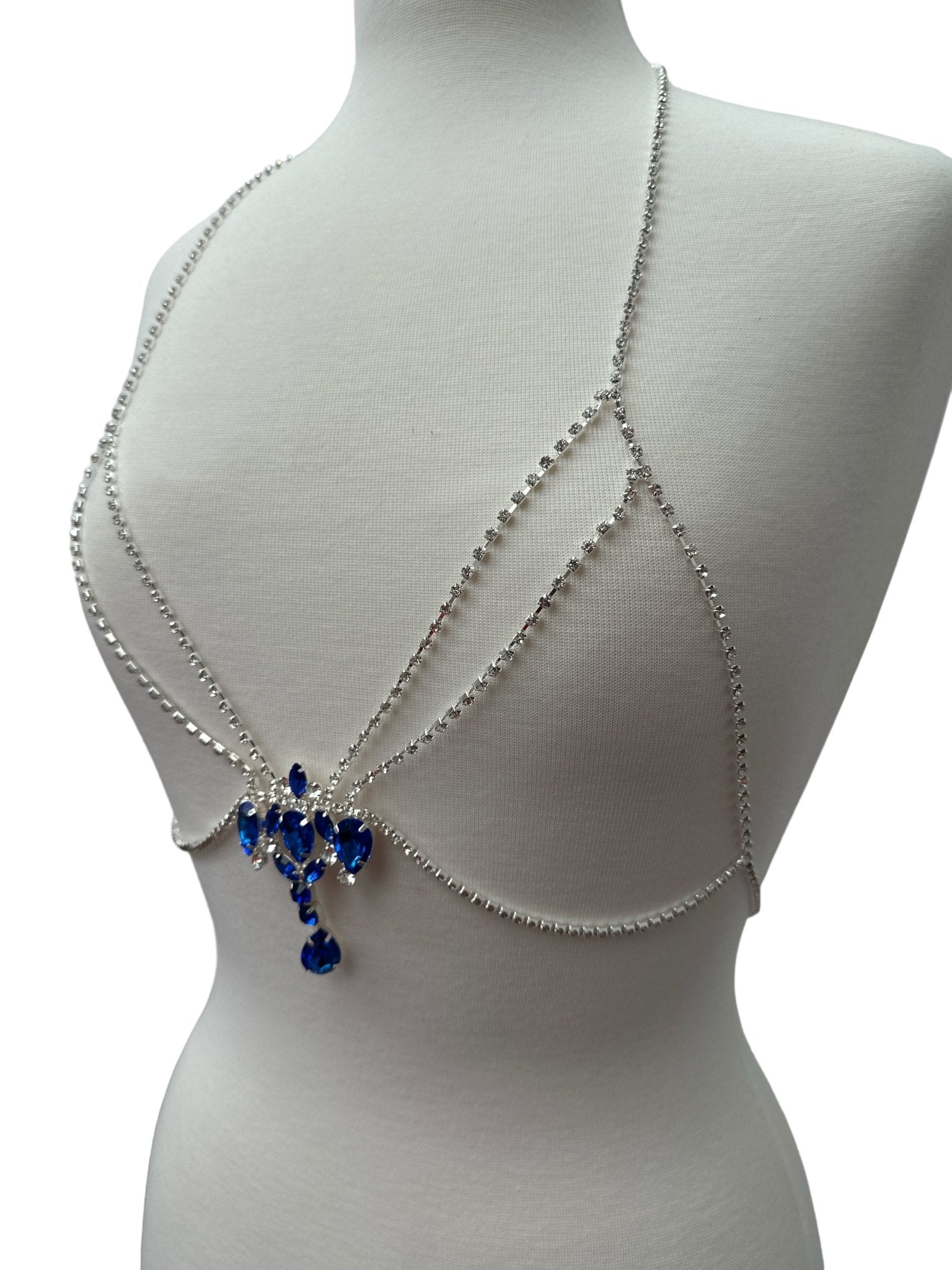 Rhinestone Blue Centred Tassel Bralette Body Chain Statement Jewellery - Fatisha Boutique