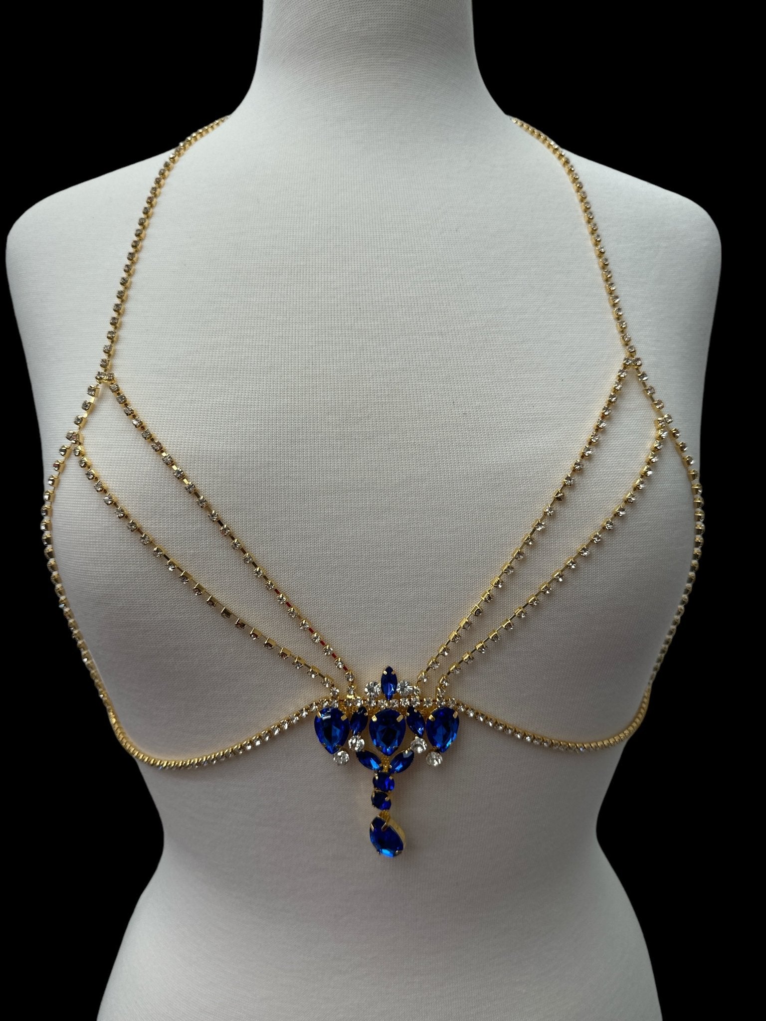 Rhinestone Blue Centred Tassel Bralette Body Chain Statement Jewellery - Fatisha Boutique