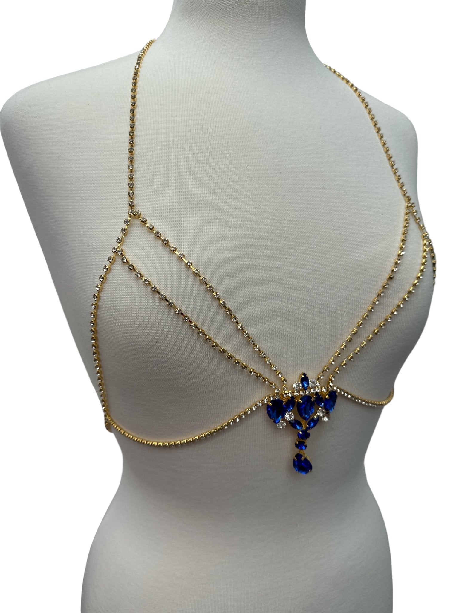 Rhinestone Blue Centred Tassel Bralette Body Chain Statement Jewellery - Fatisha Boutique