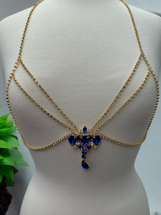 Rhinestone Blue Centred Tassel Bralette Body Chain Statement Jewellery - Fatisha Boutique