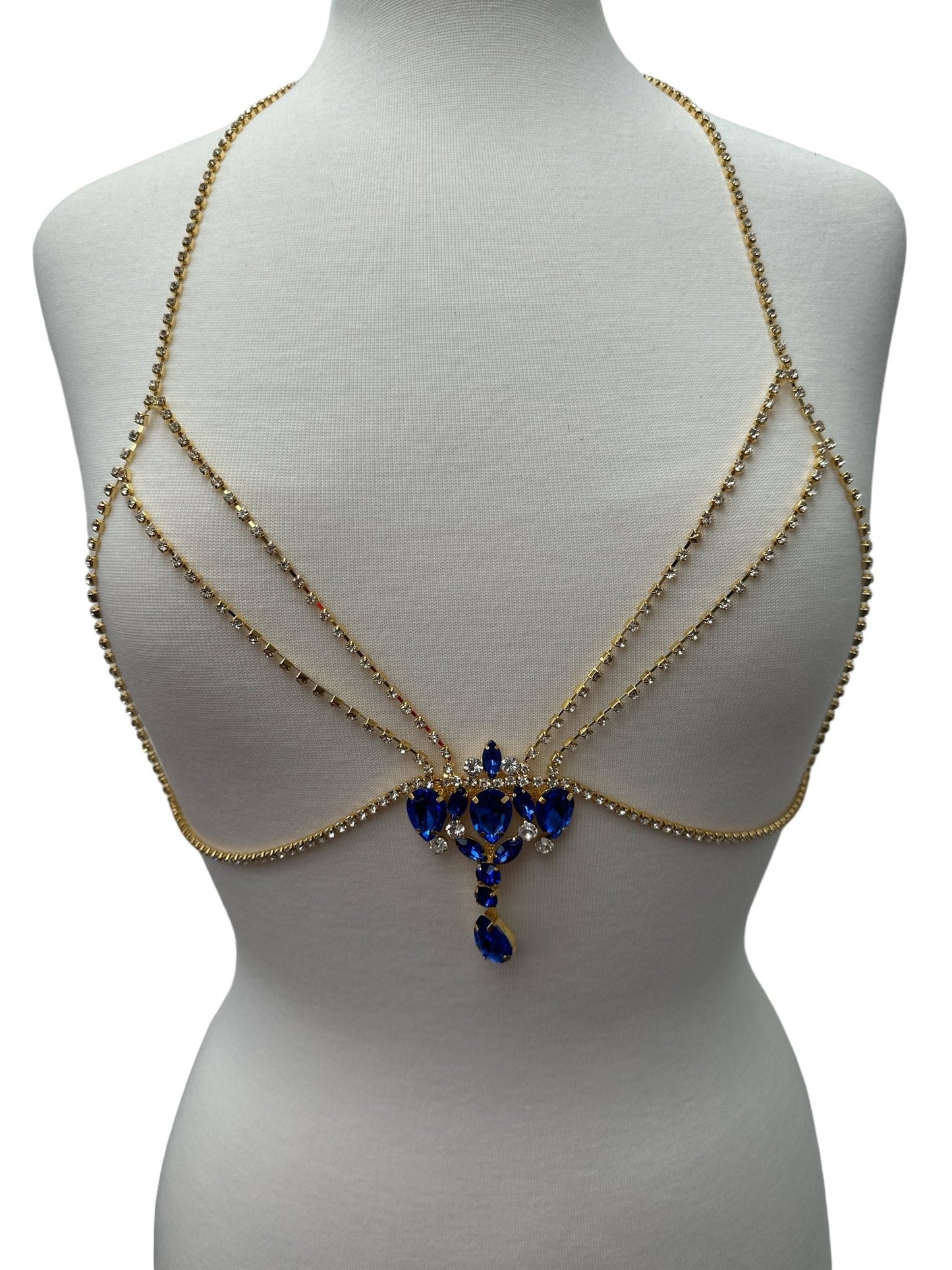 Rhinestone Blue Centred Tassel Bralette Body Chain Statement Jewellery - Fatisha Boutique